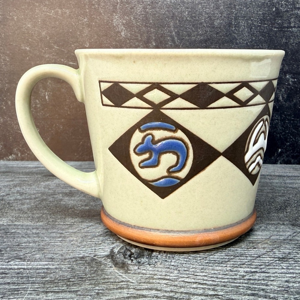 Studio Pottery Mug Southwestern Bird Geometric Stoneware Vintage 12oz
